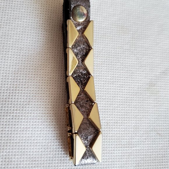 Gold Tone Panel Bronze Leather Button Bracelet - Picture 2 of 2